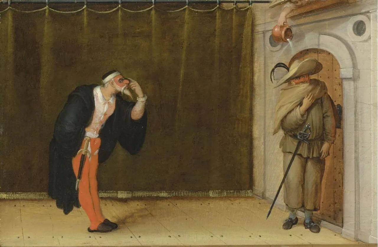 Sebastian Vrancx   A Commedia dell27arte scene with Pantalone and a zanni2C possibly Brighella